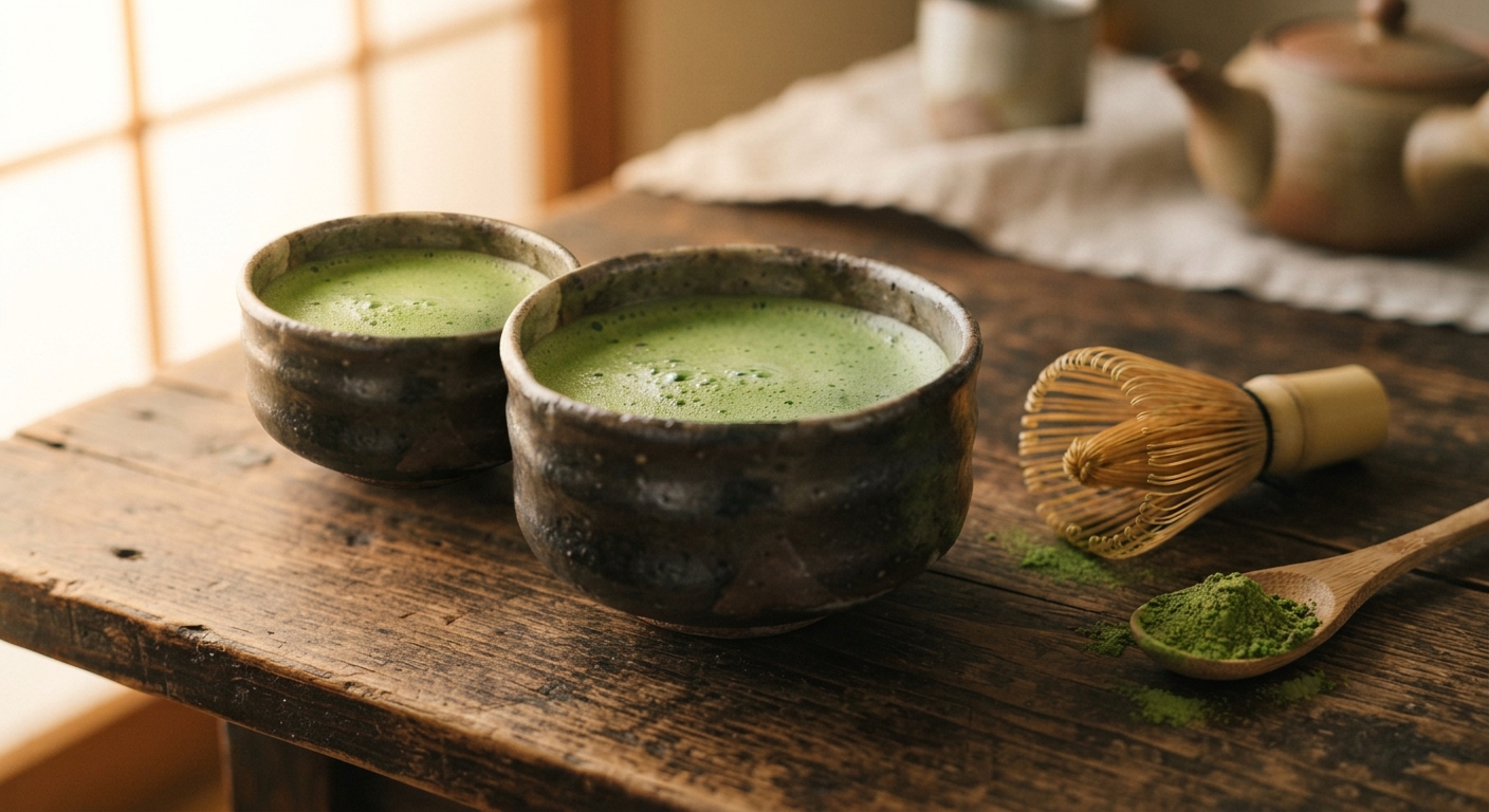 Matcha ceremonial verde intenso junto a matcha culinario de tono oliva